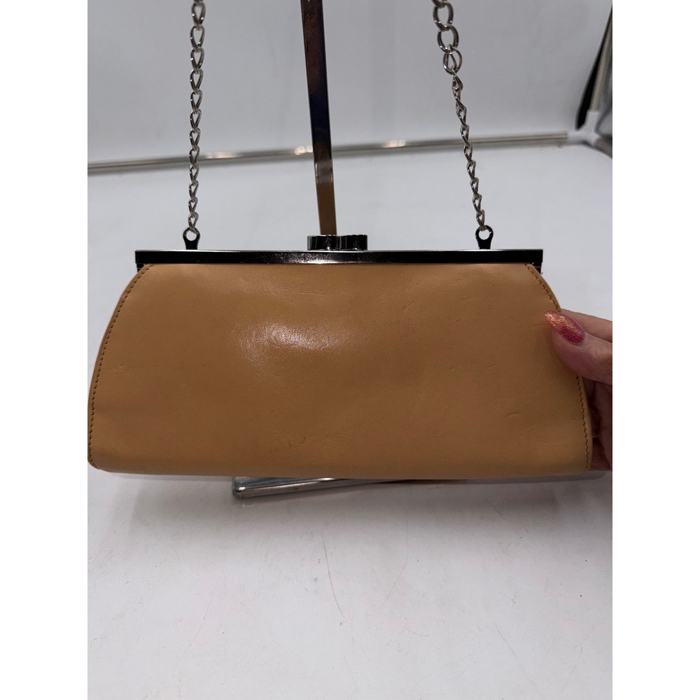 Monsac Vintage Tan Leather Kiss Lock Clutch Bag Silver Chain Strap Evening Purse